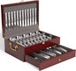 Mahogany Wood Silverware Storage Box,2-Layer Silverware Chest Case with Lid Drawer Handle Silverware Case with Felt Lined,Flatware Storage Box Holds 12-16 Sets of Utensils,Wedding Housewarming Gifts