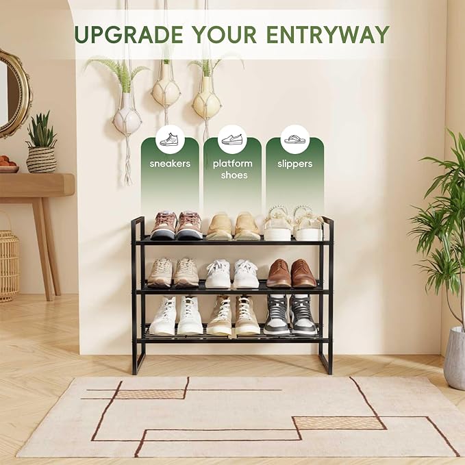 3 Tier Shoe Rack 27" Wide, Metal Frame Shoe Organizer for Front Door Entrance, Stackable Shoes Storage Shelf for Entryway, Closet, Black