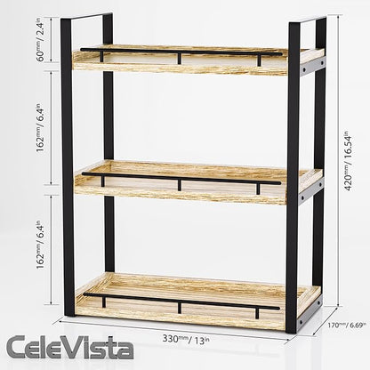 Bathroom Counter Organizer, 3 Tier Wood Countertop Shelf for Vanity, Skincare, Makeup, Kitchen Coffee and Sink Storage, with Durable Metal Bracket (Rustic Brown)