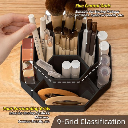 360° Rotating Black Makeup Brush Holder Organizer with 9 Slots, Makeup Organizers Countertop, Makeup organization and Skincare Storage for Vanity, Desktop, Bathroom (BLACK)