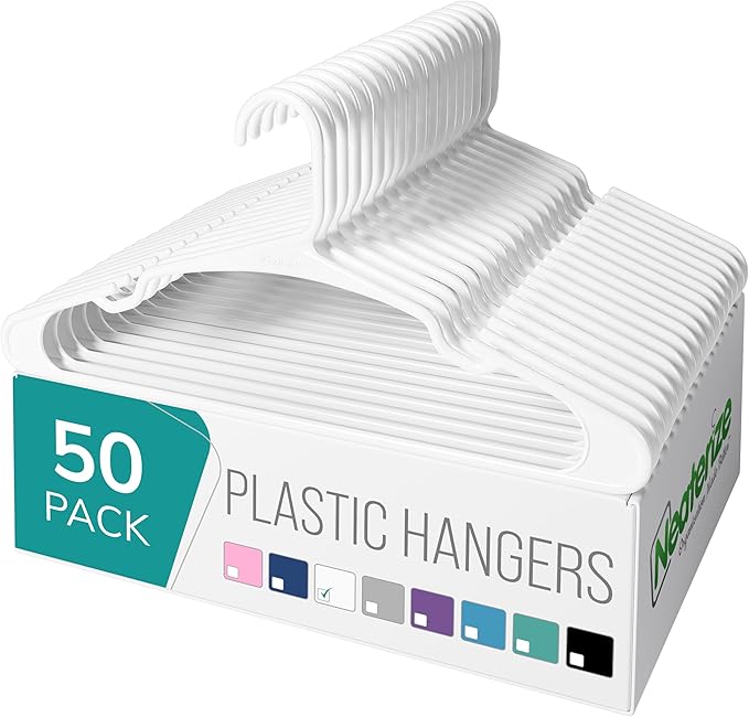 NEATERIZE Clothes Hangers Plastic 50 Pack for Adults - Plastic Hangers, The Perfect Coat Hanger and Space Saving Clothes Hangers for Closet, Percheros Ganchos para Colgar Ropa Hangars - White Hangers