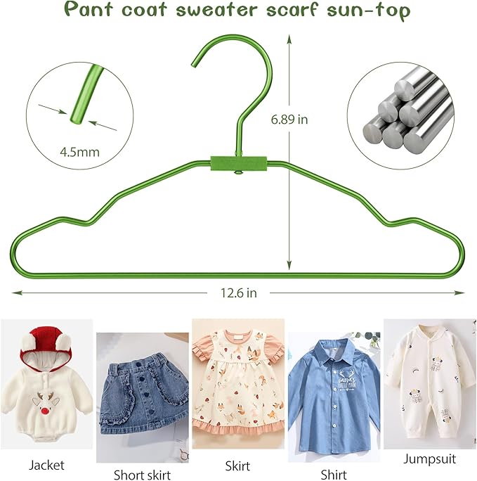 VWV Green Aluminum Hangers, 20 Pack Baby Hanger，12.6 Inch Children Baby Hangers, Sturdy Metal Children Clothes Hanger for Wardrobe, Space-Saving Toddler Hanger