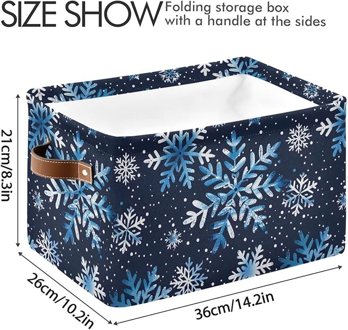 Large Storage Basket Watercolor Blue Snowflakes Christmas Storage Bin Cube Canvas Fabric Organizer Handles Collapsible for Clothes Toys Bedroom Decorative