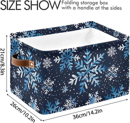 Large Storage Basket Watercolor Blue Snowflakes Christmas Storage Bin Cube Canvas Fabric Organizer Handles Collapsible for Clothes Toys Bedroom Decorative