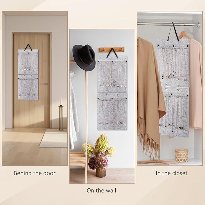 Lolalet Hanging Jewelry Organizer, Necklaces Wall Closet Door Storage, Accessories Jewelry Display for Women Girls -Grey