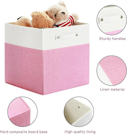 FinishingBo 13 x 13 Inch Fine Linen Storage Bins with Handles，Fabric Cube Boxs，Basket Organizers for Shelves for Home, Closet Drawers (White/Pink-4 Pack)