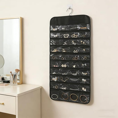 Black Hanging Jewelry Organizer, 80 Pockets Double-Sided, Wall Door Closet Storage for Earrings Necklaces Rings