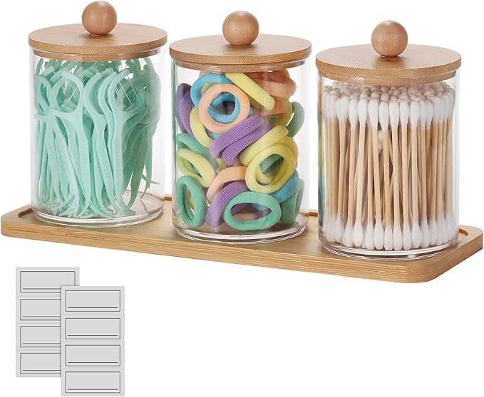 Qtip Holder Dispenser, Apothecary Jars with Lids, Acrylic Cotton Ball Holder - Q Tip Holder Apothecary Jars Clear Container Dispenser for Cotton Swab, Cotton Round Pads, Floss (3Pack Jar with Tray)