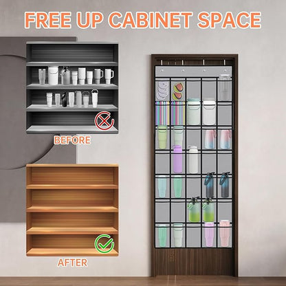 NiHome Multi-Functional 35 Pockets Door Hanging Organizer Fit for Stanley Tumbler in Kitchen, Pantry, Bathroom, Large Capacity Elastic Mesh Secure Storage Water Bottle Cup Holder, Foldable (Gray)