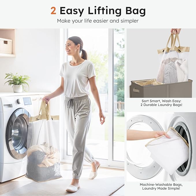 SOLEDI Large Double Laundry Hamper with Lid, Collapsible Clothes Hamper 2 section with Removable Bags, Space-Saving Laundry Basket for Bedroom, Dorm, College
