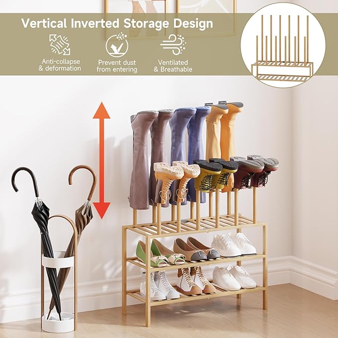 Boot Rack for Tall Boots Organizer,3-Tier Multiuse Shoe Rack and Boot Storage Rack,for Tall Boots,Sneakers,High-Heel (Natrual, 3-Tier)