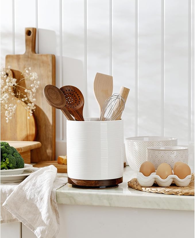 Utensil Holder, 360° Rotating Extra Large Ceramic Kitchen Utensil Holder for Countertop, 7.3“ Cooking Utensil Crocks for Kitchen Counter with Rotatable Wooden Base, Farmhouse Decor, White