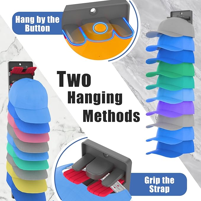 Hat Organizer for Baseball Caps 2 Packs with Built Spring Clips - Wall Mount Closet Hat Rack Holder, Storage for Wall Door/Closet Display Hat Racks Hanger (Install by Adhesive & Screws)