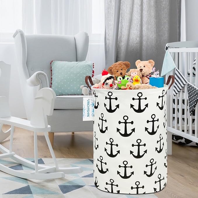 Laundry Basket Canvas Fabric Collapsible Organizer Basket for Storage Bin Toy Bins Gift Baskets Bedroom Clothes Children Nursery Hamper (anchor)