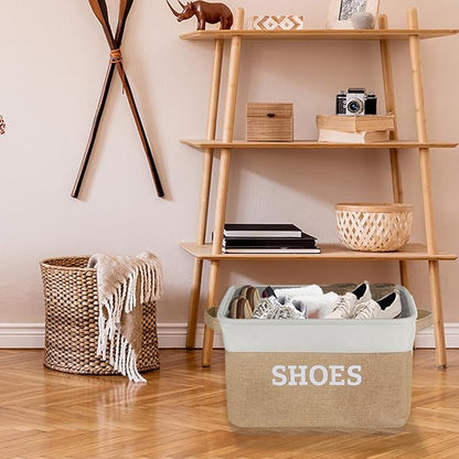 Lukeline Fabric Shoe Basket for Entryway, Hallway or Mudroom - Flodable Space-Saving Storage Bin for Closet, Decorative Home Decor (Beige)