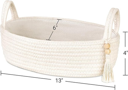 Mkono Small Storage Basket for Toilet Tank Top Boho Bathroom Decor Woven Rope Toilet Paper Tray Organizer for Shelf Bedroom Living Room, White, 1 Pack, 13" L x 6" W