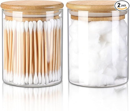 FrutPunch Glass Qtip Holder Dispenser with Bamboo Lid, 2 Pack Apothecary Jars with Lids, Cotton&Swab Apothecary Jars, Qtip Holder Bathroom Set for Countertop Bathroom Essentials Accessories Decor
