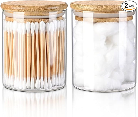 FrutPunch Glass Qtip Holder Dispenser with Bamboo Lid, 2 Pack Apothecary Jars with Lids, Cotton&Swab Apothecary Jars, Qtip Holder Bathroom Set for Countertop Bathroom Essentials Accessories Decor
