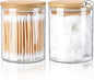 FrutPunch Glass Qtip Holder Dispenser with Bamboo Lid, 2 Pack Apothecary Jars with Lids, Cotton&Swab Apothecary Jars, Qtip Holder Bathroom Set for Countertop Bathroom Essentials Accessories Decor