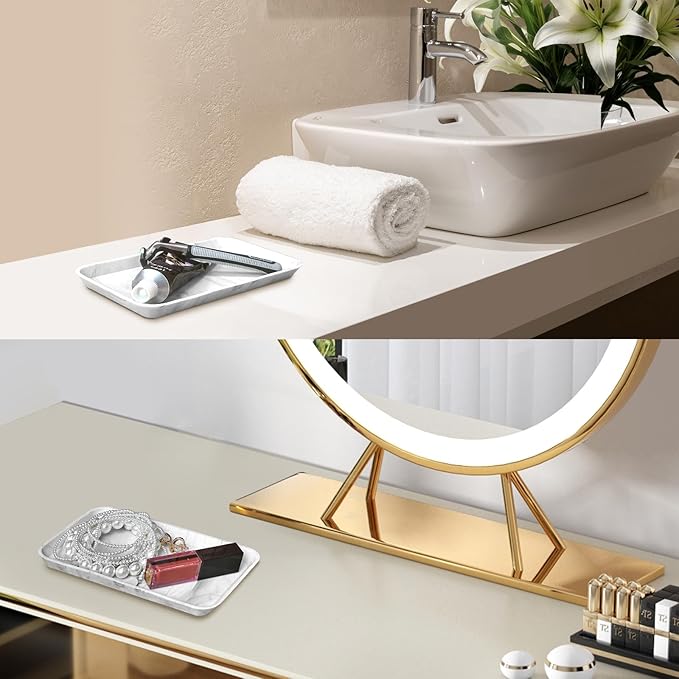 2 Pcs Countertop Vanity Tray, Bathroom Silicone Shatterproof Tray, Soap and Sponge Holder for Kitchen Sink Toilet Tank, Bathroom Holders for Counter, Perfume Candle Key Valet - Marble