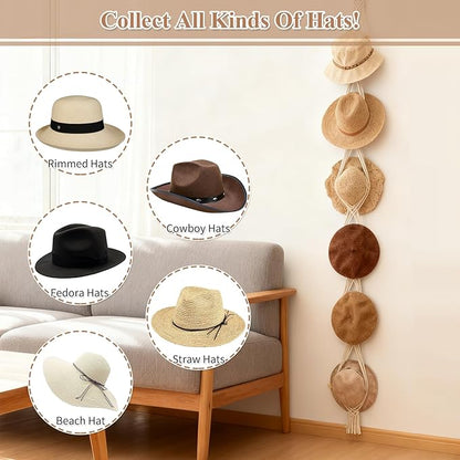 Gute Macrame Hat Hanger White - Boho Wall Mounted Hat Rack Organizer for Women, Fits Wide Brim/Fedoras/Sun/Cowboy Hat, 6-Hat Capacity