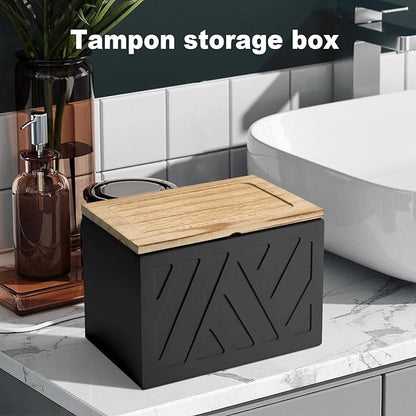 Tampon Holder for Bathroom, Feminine Product Organizer, Pad Organize Case with Lid, Shark Week Wooden Tampon Storage Decor, Lady Girl Stuff Box for Toilet Bathroom Accessories- Black