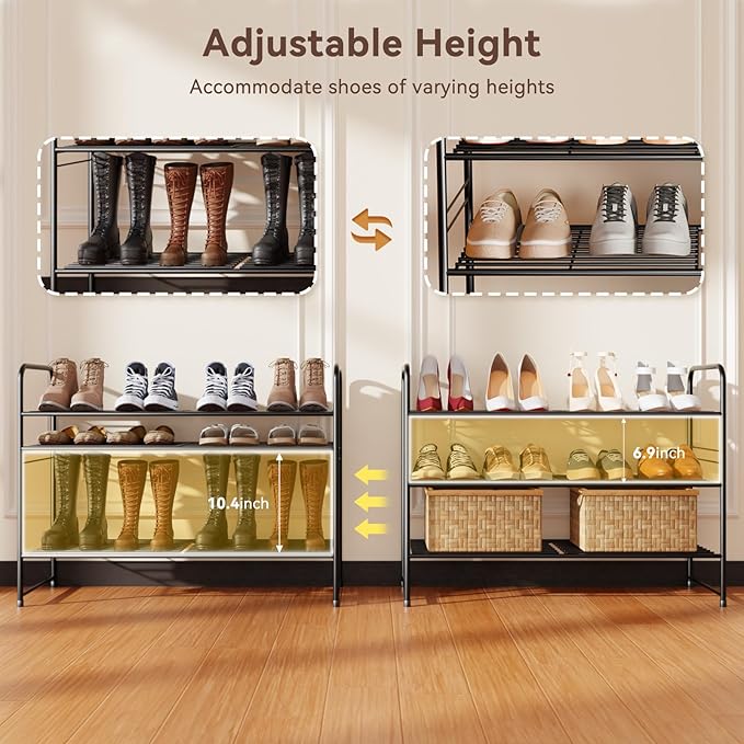 Standard Shoe Rack 3-Tier 32.5 Inches Wide, Free Standing Shoe Organizer for Indoor Outdoor | Adjustable Heavy-Duty Metal Shelf Ideal for Home Entryway Closet & Garage Balcony | Black