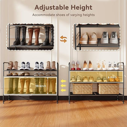 Standard Shoe Rack 3-Tier 32.5 Inches Wide, Free Standing Shoe Organizer for Indoor Outdoor | Adjustable Heavy-Duty Metal Shelf Ideal for Home Entryway Closet & Garage Balcony | Black