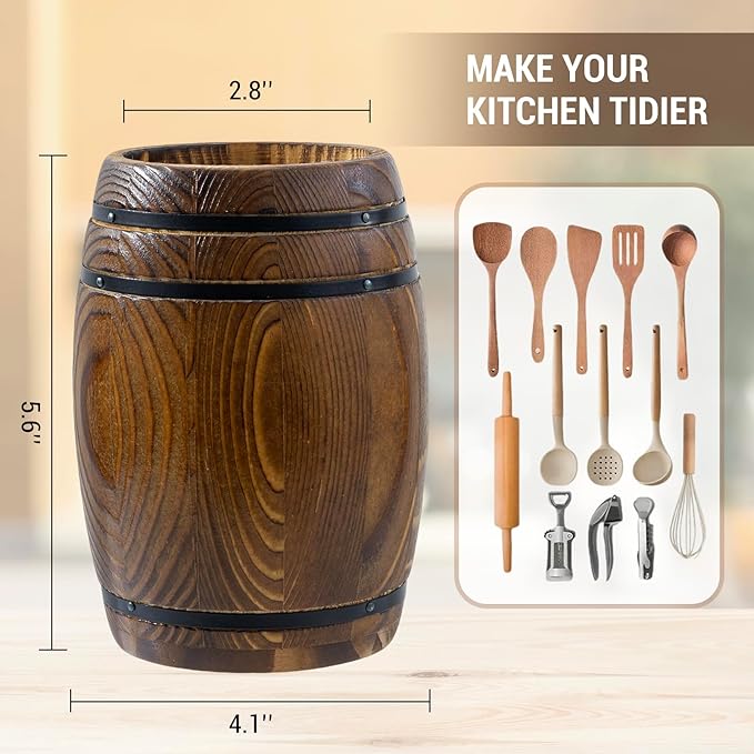 MyGift Rustic Burnt Wood Wine Barrel Design Kitchen Utensil Holder – Vintage Countertop Flatware & Cooking Tool Storage Crock