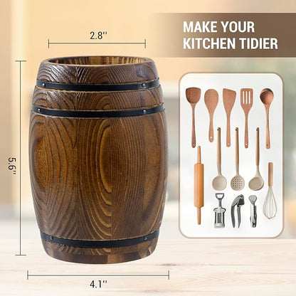 MyGift Rustic Burnt Wood Wine Barrel Design Kitchen Utensil Holder – Vintage Countertop Flatware & Cooking Tool Storage Crock