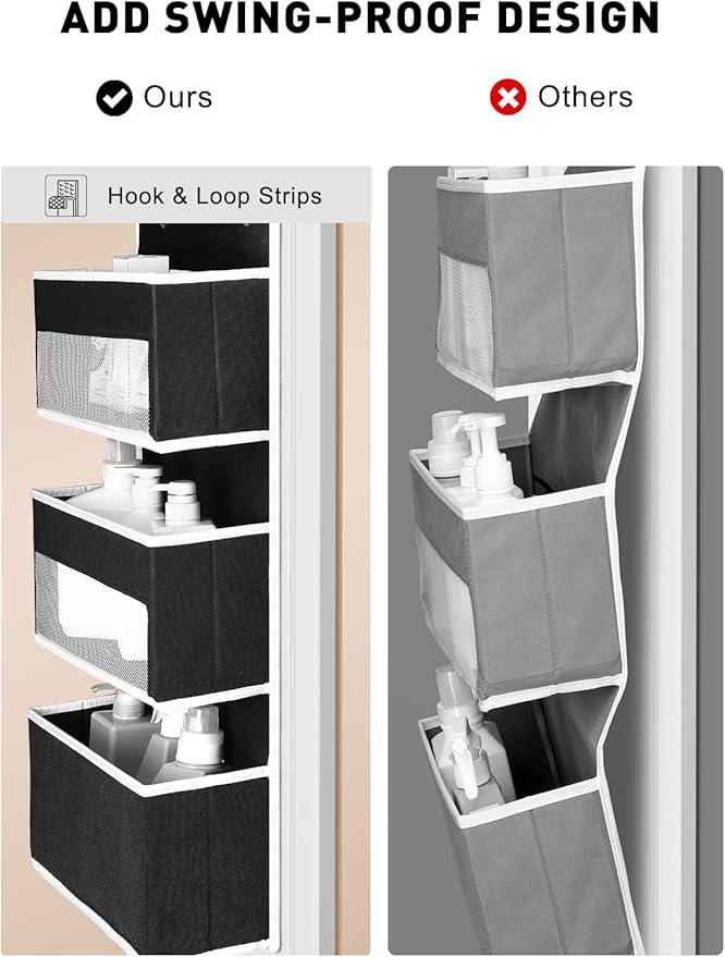 Yecaye 6-Tier Over The Door Storage Organizer, Flexible 1 Split into 2 Swing-Proof Hanging Bathroom Organizer, Bedroom Organizers and Storage for Newborn Baby Essentials, Black