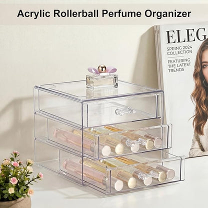 ELLDOO Rollerball Perfume Organizer with 3 Drawer, Clear Acrylic Perfume Storage Holder Beauty Scent Holder, Makeup Lipgloss Lipstick Display Case Office Supplies Box