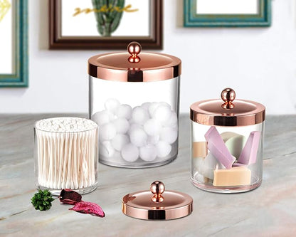 SheeChung 3-Pack Plastic Apothecary Jars with Rose Gold Metal Lids - Large 50oz, 25oz & 15oz Acrylic Storage Set - Shatterproof Laundry Room & Bathroom Organizer - Modern Minimalist Chic Decor