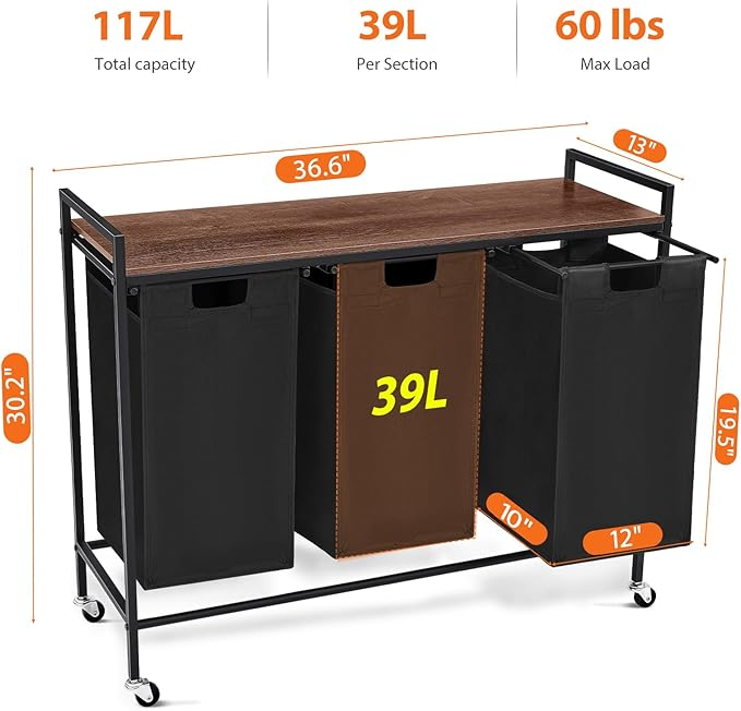 Laundry Sorter 3 Section, Rolling Laundry Hamper with Shelf, 3 Compartment Laundry Basket with Lid, Organizer Rustic Wooden Top (Black)