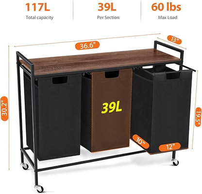 Laundry Sorter 3 Section, Rolling Laundry Hamper with Shelf, 3 Compartment Laundry Basket with Lid, Organizer Rustic Wooden Top (Black)
