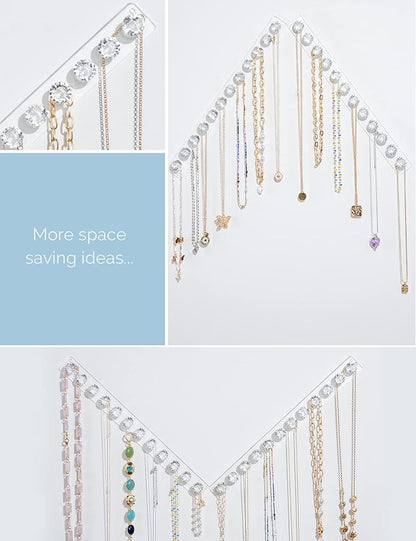 Mymazn 2 Pack Acrylic Necklaces Holder Hanging Jewelry Organizer Wall Mounted Necklace Hangers with 12 Hooks, Clear Jewelry Hangers for Necklace Organizer for Girls Women, Necklace Hooks for Wall