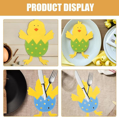 12 Pcs Easter Chick Cutlery Holders, Felt Easter Tableware Pouches in 4 Assorted Colors, Cute Chick Eggshell Silverware Pockets for Party Table Decorations, Kitchen Dining & DIY Craft