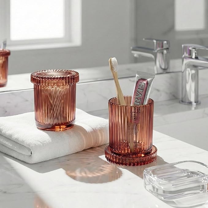2 Pack Qtip Holder - Apothecary Jars with Lids, Bathroom Organizers and Storage Canister for Cotton Balls,Swabs,Floss Picks,Hair Ties,Clear Glass Vintage Bathroom Decor Jar Set (Brown)