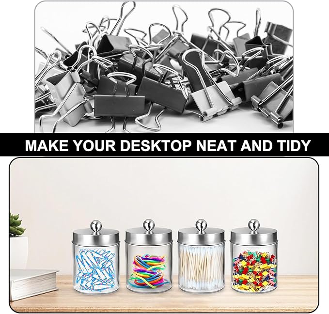 4 Pack Qtip Holder, Canister Apothecary Jar Set, Clear Plastic Apothecary Jar Containers, Bathroom Jars with Lids Set for Cotton Swabs, Balls, Pads, Floss Picks (Silver)