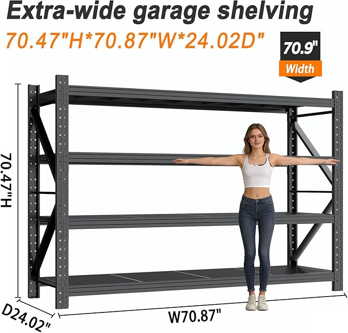 Garage Shelving 70.87" Wide Heavy Duty Storage Shelves Units and Storage,Metal Shelving Adjustable Shelves,Steel Garage Storage Rack,Industrial Utility Shelf Organization for Kitchen,Pantry