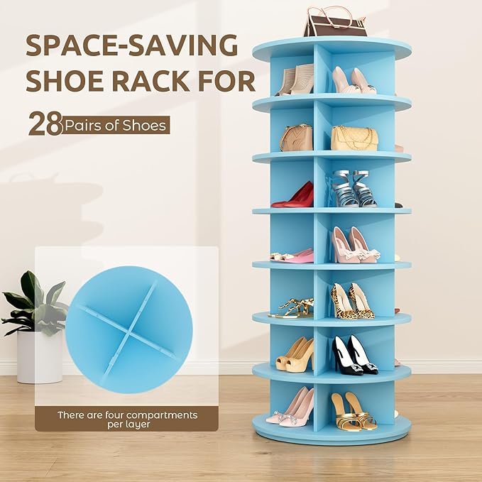 Rotating Shoe Rack 7 Tier Spinning Shoes Organizer Tower for 28-32 Pairs Lazy Susan 360 Revolving Shoe Storage Cabinet Rotate Shoe Handbag Rack Round Carousel for Closet, Bedroom (Blue)