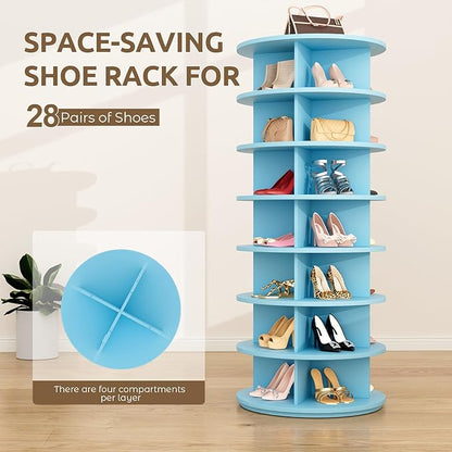 Rotating Shoe Rack 7 Tier Spinning Shoes Organizer Tower for 28-32 Pairs Lazy Susan 360 Revolving Shoe Storage Cabinet Rotate Shoe Handbag Rack Round Carousel for Closet, Bedroom (Blue)