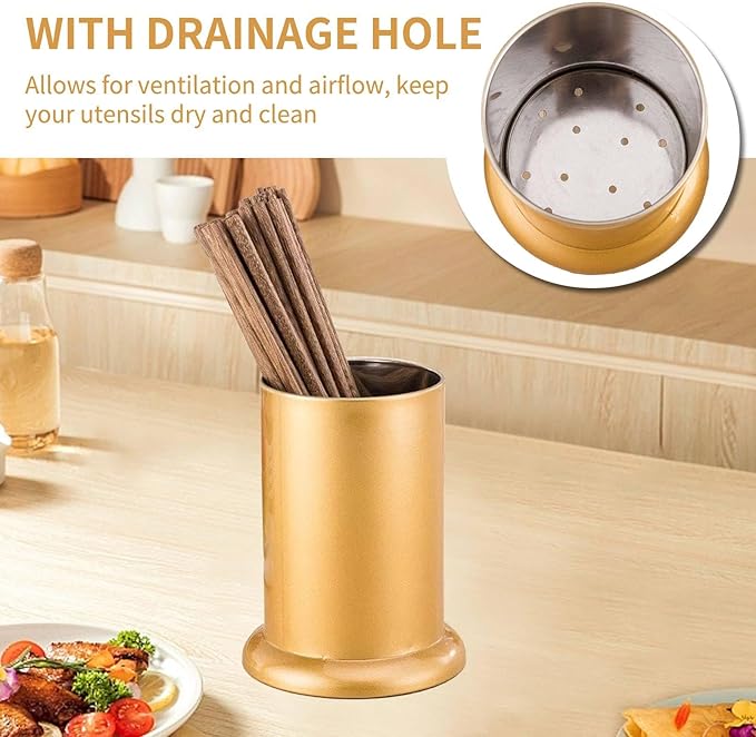 Cyrank Gold Utensil Holder, Drying Rack Caddy Basket Stainless Steel Utensil Drying Holder Silverware Storage Caddy Coffee Spoon Organizer for Fork, Knive, Spoon, Chopstick