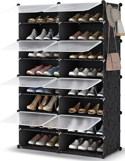 Patented Shoe Racks Organizers Shelves, Floor-Standing, Wall Hanging, Sturdy and extendable. Easy DIY Assembly, for Door Entrance, Closet, and Workplace (2x8Grid, Translucent & Black)