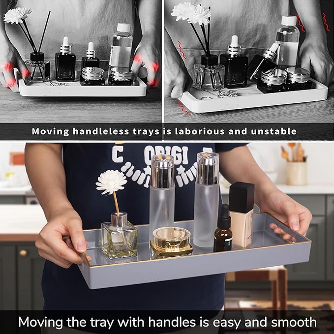 MAONAME Gray Bathroom Tray, Plastic Vanity Tray, Long Narrow Countertop Trays with Handles, Perfume Organizer Trays for Dresser, Bathroom Accessories, 13.8" x 6" x 1.57"