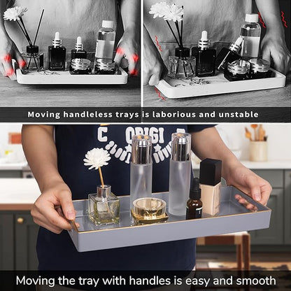 MAONAME Gray Bathroom Tray, Plastic Vanity Tray, Long Narrow Countertop Trays with Handles, Perfume Organizer Trays for Dresser, Bathroom Accessories, 13.8" x 6" x 1.57"