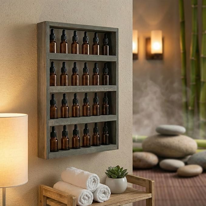 MyGift Vintage Weathered Gray Solid Wood Wall-Mounted Essential Oil Holder Rack – 24-Bottle Storage Display Shelf