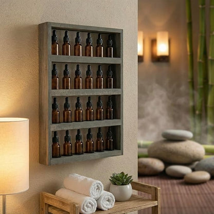 MyGift Vintage Weathered Gray Solid Wood Wall-Mounted Essential Oil Holder Rack – 24-Bottle Storage Display Shelf