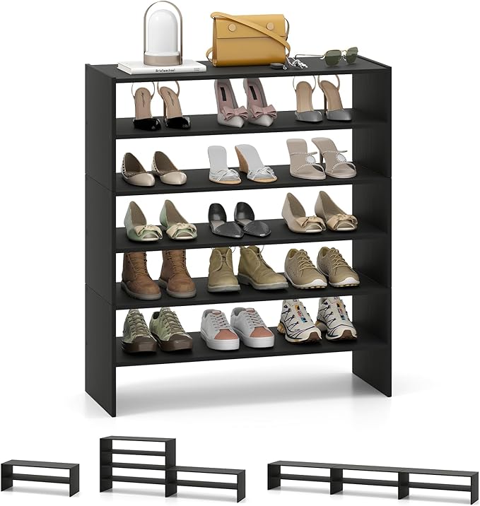 Giantex 3-in-1 Vertical Shoe Rack, 6-Tier Free Standing Shoe Storage Organizer w/Stackable Design for 18 Pairs, 31 Inch Wide Wood Shoe Shelf for Closet, Entryway, Living Room, Office, Black
