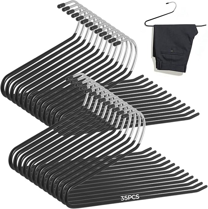 35 Pcs Pants Hangers Non Slip, Space Saving Open Ended Metal Pant Hangers, Jean Hangers for Men and Women, Closet Storage Organizer for Clothes Leggings Slacks Trouser Ties (Black)